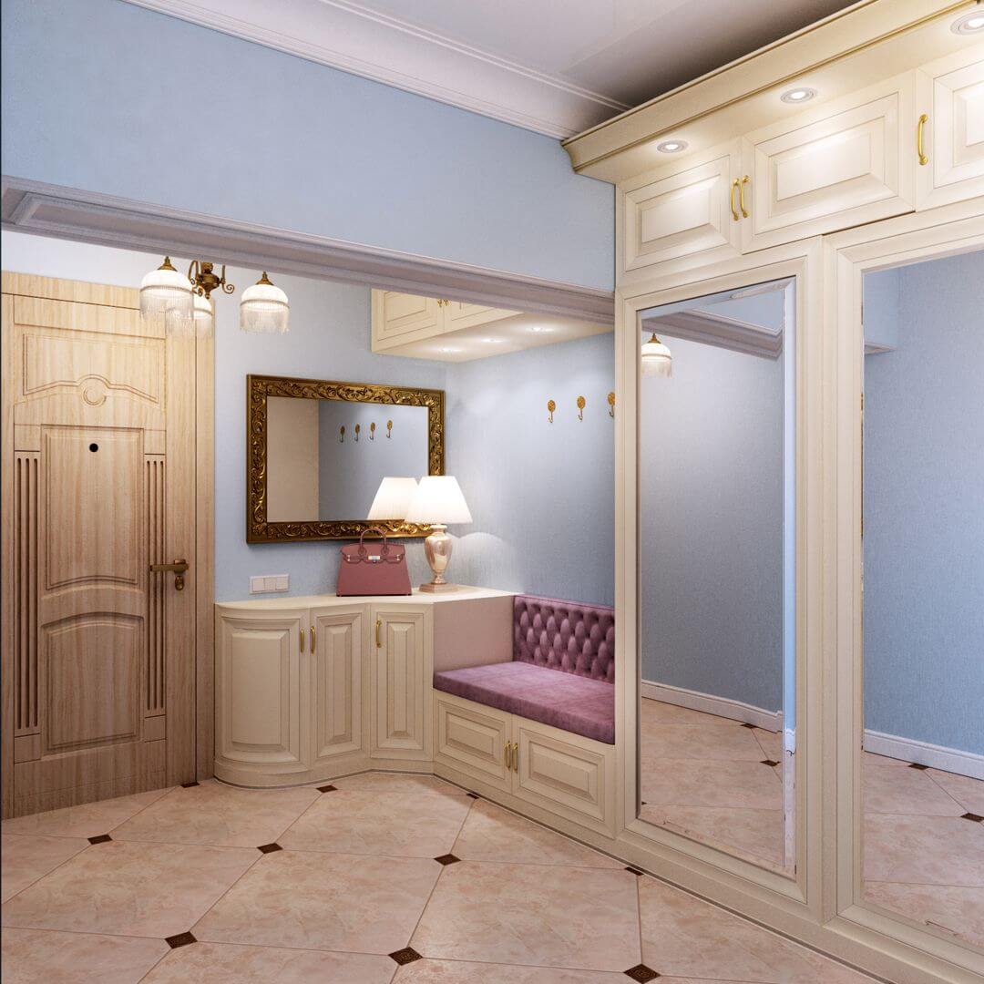 /Светлый шкаф в прихожую №295 с зеркалом и диванчиком на заказ